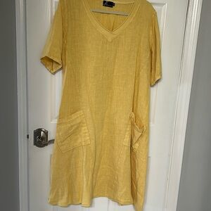 Fenini Womens 100% Linen  Midi Dress Sz L Short Sleeve Lagenlook Pocket yellow